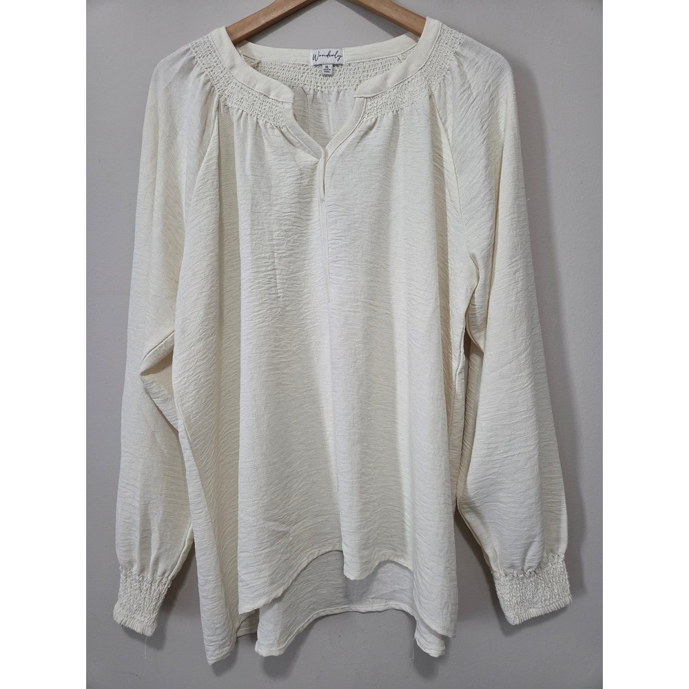 Wonderly‎ Cream Dobby Textured Peasant Blouse XL Ivory Smocked Long Sleeve Top